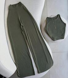 Pantalón holgado pierna ancha cintura blusa tipo top sin mangas tela ligera fresca cómoda sexi moda dama - Verde Oliva - Ver 1