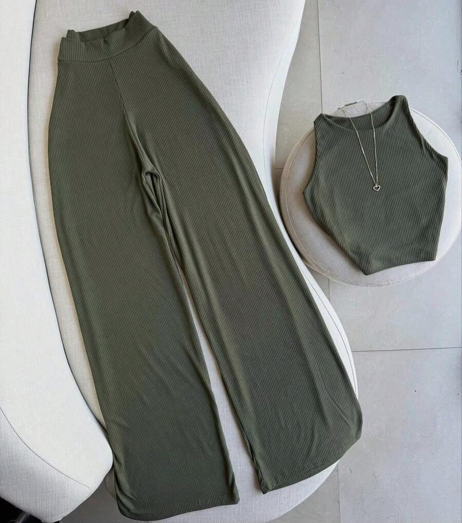 Pantalón holgado pierna ancha cintura blusa tipo top sin mangas tela ligera fresca cómoda sexi moda dama - Verde Oliva - Ver 1