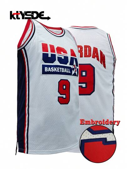 KTYSDE Men's #9 White Basketball Jersey, Applique Print, Embroidered Letters & Numbers, Loose Fit Sleeveless Crew Neck Sports Tank Top Suitable For Basketball, Sports, Running, Workout