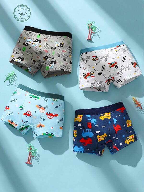 4pcs/Pack Boys' Cartoon Car Print Elastic Breathable Comfortable Boxer Briefs