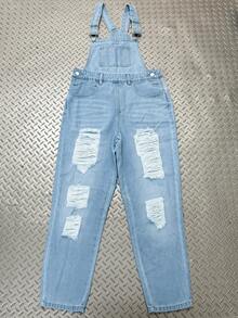 Peto vaquero de mujer con efecto desgastado, rasgado y desgarrado, mono de mezclilla azul lavado cómodo para uso casual diario en primavera - Azul claro - Ver 7