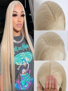websterwigs 蜜金色合成蕾丝前假发，预拔发际线长直金发/亚麻色，蕾丝前耐热纤维假发适合时尚女性