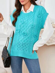 Elegant Women's Round Neck French Intricate Handmade Crochet Hollow-Out Sleeveless Knit Vest Top, Unique Design - Mint Blue - View 3