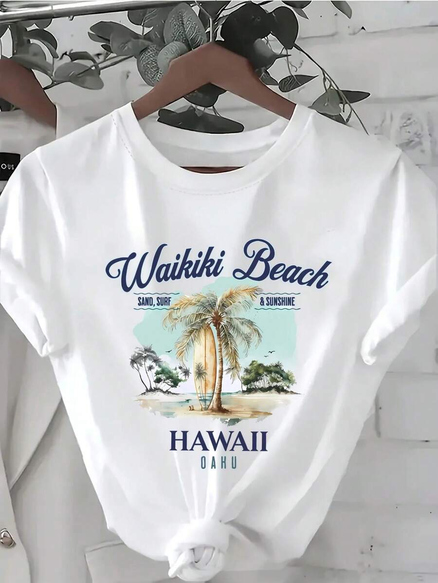 Camiseta gráfica tropical de Hawái para mujer - Camiseta blanca con diseño de playa de Waikiki y palmera - Camiseta ligera y transpirable para vacaciones de verano - Atuendo casual para fiestas hawaianas - Camiseta de moda para mujer, ropa de ocio, ajuste relajado, material cómodo, blusa impresa