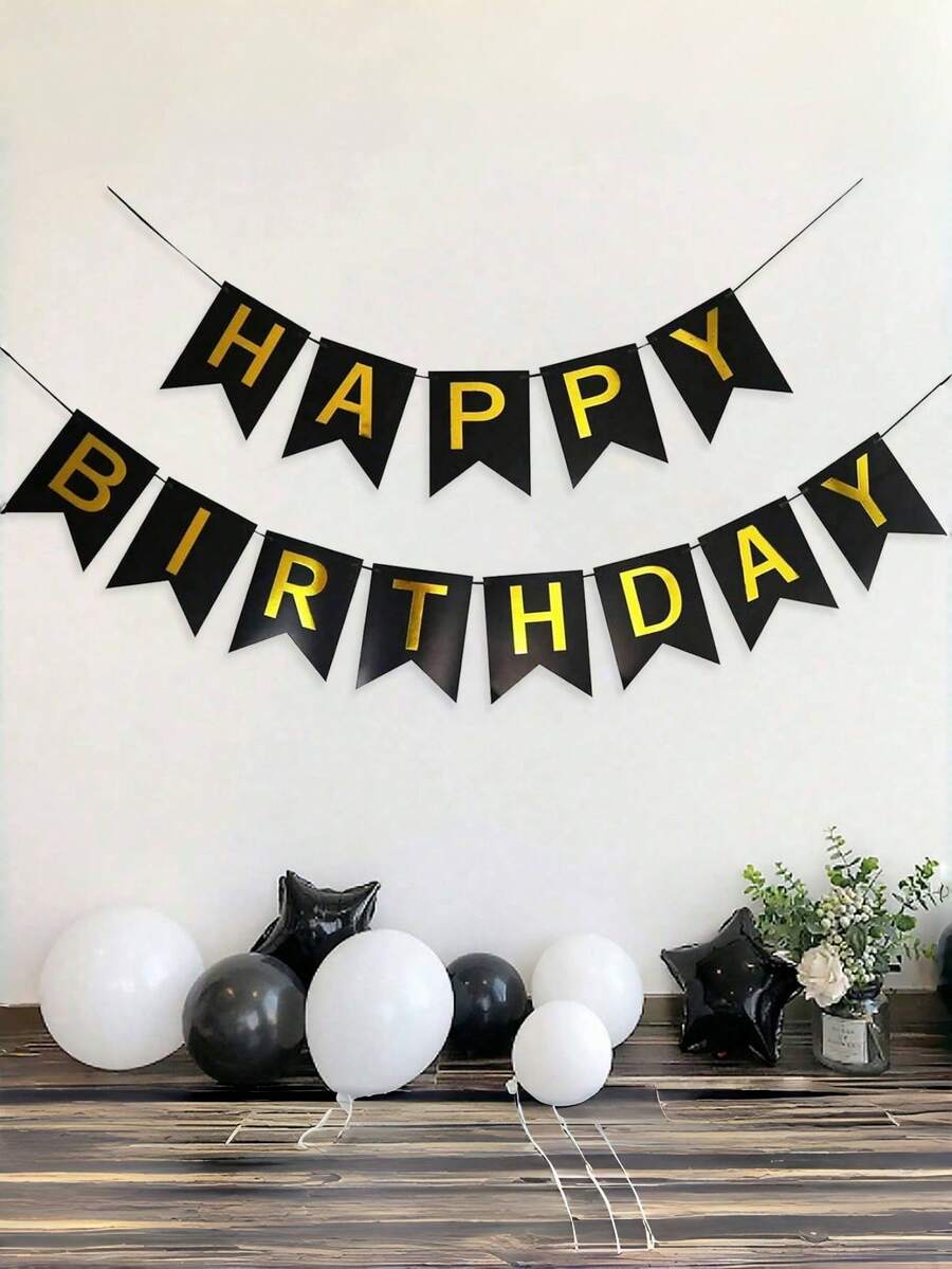 黑色生日快樂紙製吊旗套組,燙金 Happy Birthday 字母橫幅,現代金屬字母圖案裝飾拉旗,適用生日派對活動裝飾,黑色生日裝飾,週年紀念 - 彩色 - 查看 1