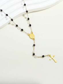 1pc Virgin Mary Rosary Beads Stainless Steel Cross Pendant Y Necklace For Women Religious Jewelry