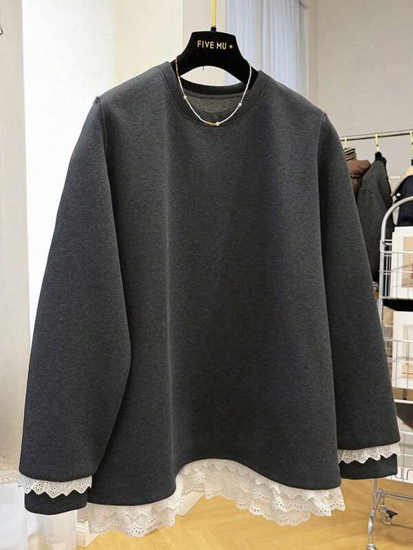 Sudadera holgada de cuello redondo casual con encaje de contraste para mujer, parte superior de manga larga para otoño/invierno