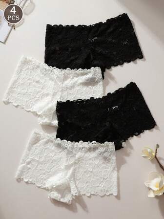 4pcs/Pack Women's Lace Hipster Panties, Black & White, Sexy & Comfortable Floral Lace Briefs
