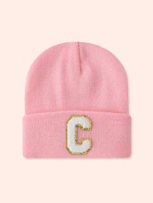 1pc Pink Children's Hat With 26 Letters, Knitted Beanie For Baby Boys And Girls, Warm For Outdoor And Daily Wear - Gold Label-pink Fluorescent Cap - View 85