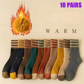 10 Colors Random 5 Pairs Women's Autumn/Winter Thick Thermal Lined Mid-Calf Socks, Warm Terry Socks, Black Long Socks, Fashionable Ladies Socks
