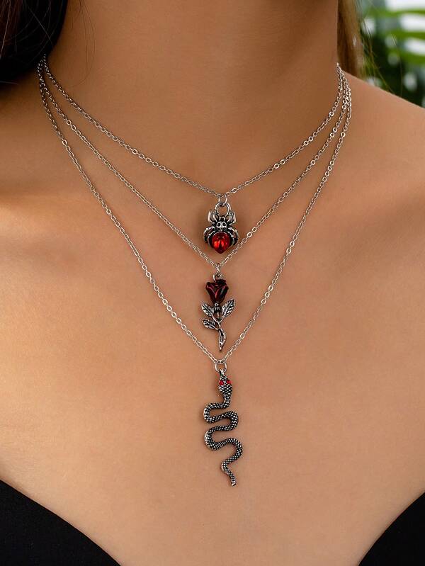 3 Pcs Vampire Gothic Spider Rose Flower Snake Pendant Necklaces Set For Women