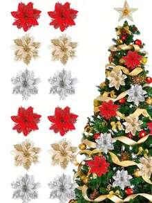 27pcs/Set Flower Design Christmas Tree Decoration,Christmas Wreath Christmas Tree Flowers Ornaments,Contains 9pcs Flowers, 9pcs Clips, 9pcs Rods, Suitable For DIY Christmas Wedding Party Happy Decorations, Christmas Tree Decoration Supplies, Scene Decorations, Holiday Home Decorations, Corridor Office Courtyard Decorations
