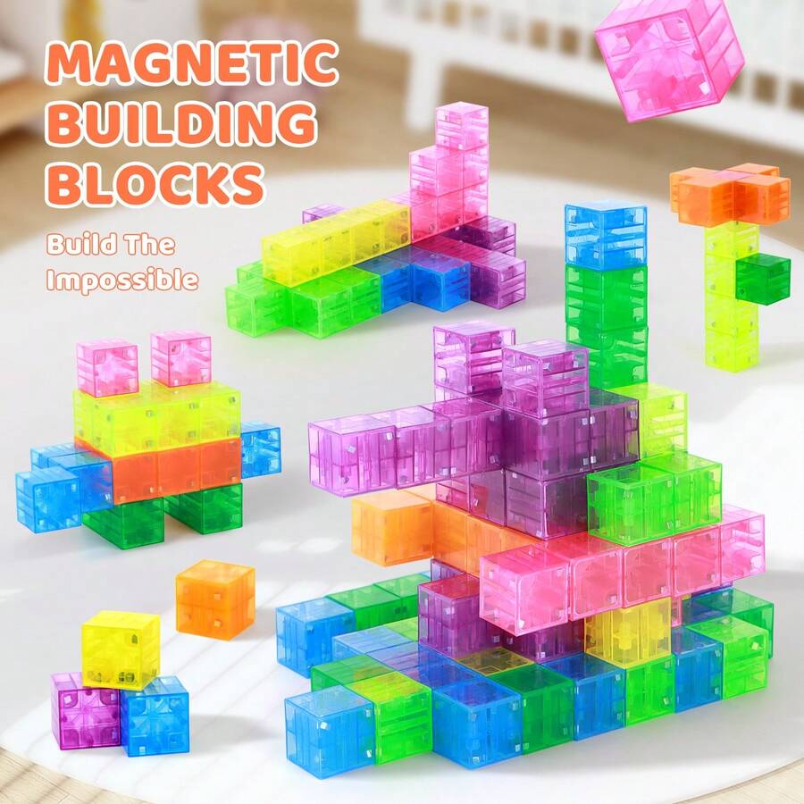 100 cubos magnéticos de construcción – Juego de rompecabezas STEM transparente y colorido para construcción creativa y reconocimiento de colores | Bloques DIY para la imaginación, regalo de Halloween y Navidad, juguete divertido para toda la familia - 100 piezas - Ver 1