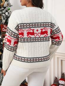 Plus Size Women's Christmas Casual Reindeer & Geometric Animal Pattern Sweater