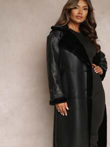 Long Oversized Coat With Faux Leather And Fur - Black - View 4
