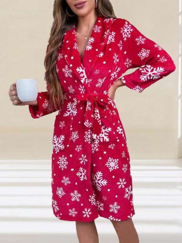 Minions 1 pieza Para el invierno de 2025, bata larga de franela, kimono de lana cálido para mujer, ropa de fiesta navideña con estampado de copos de nieve, bata de baño suave para mujer, bata larga para el hogar, bata de mañana, suave, cómoda y absorbente Decoración de invierno cálida