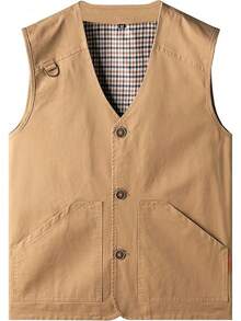Men's Casual Outdoor Cotton Vest Lightweight Breathable Multi-Pocket Fishing Travel Vests OutwearChristmas IQWV - 03-卡其色 - 查看 9