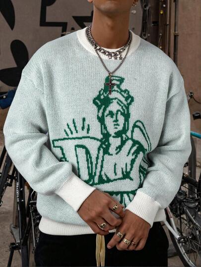 Unisex Casual Loose Fit Crew Neck Patterned Knit Pullover Sweater, Versatile For Spring, Autumn, Winter