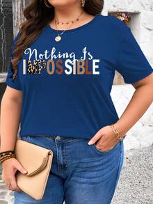 Plus Size Women's Printed Round Neck T-Shirt Supple - 黑色 - 查看 11