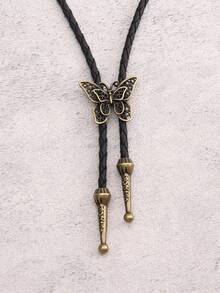 1pc Retro Bronze/Silver Butterfly Pendant Necklace, Casual Woven Black Leather Strap, For Men Gift - Butterfly - View 4