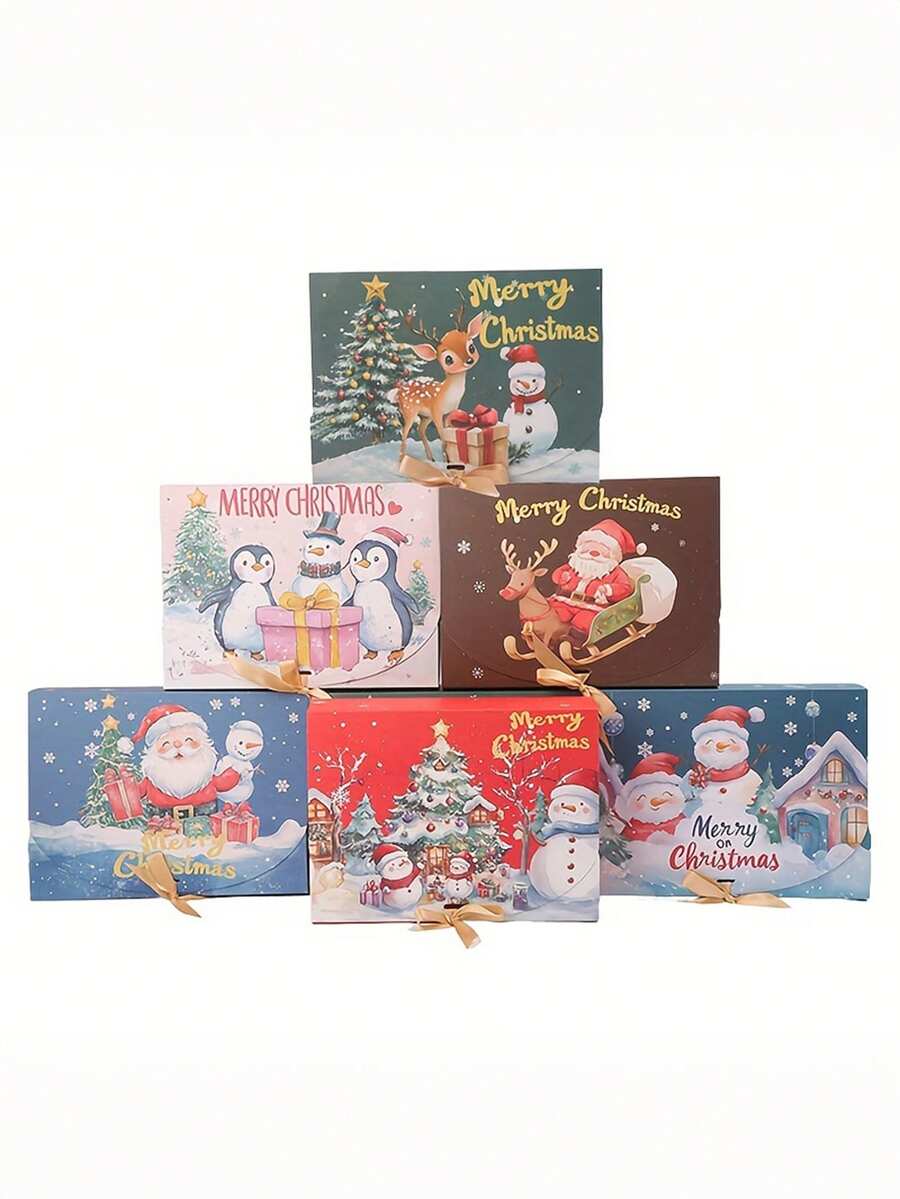 6pcs Festive Christmas Gift Boxes With Ribbon – Santa, Snowman, And Holiday Designs For Cookies, Candies, And Party Favors – Kraft Paper For Xmas Decor And Treat Packaging, Christmas Accessories