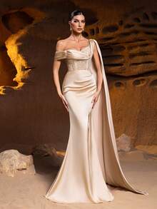 Faeriesty Vestido formal de fiesta con cuello asimétrico, drapeado lateral y bajo de cola de sirena