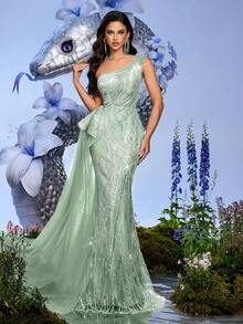 Elegant Sweetheart Pink Beaded One Shoulder Back Tie Women Gown Dress For Dinner Party, Party Night, Cocktail Party (Heavily Embellished) - Mint Green - View 6