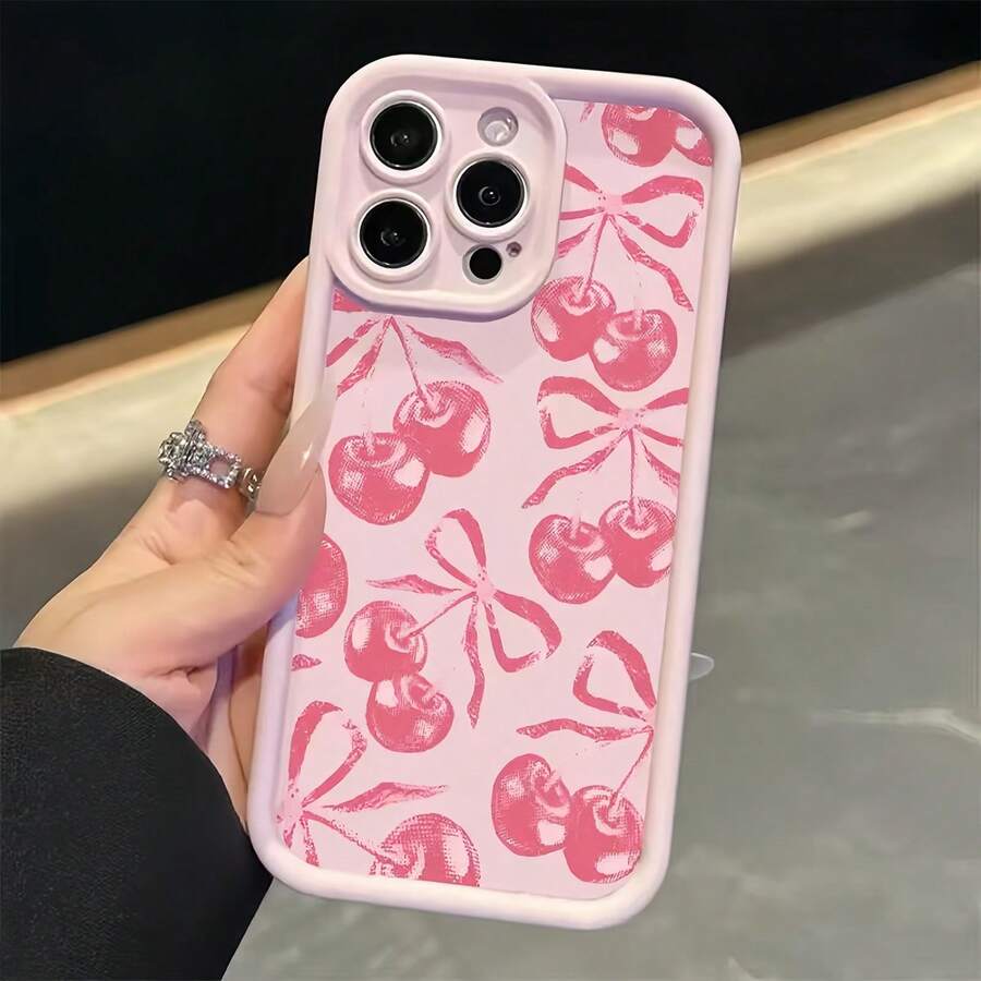 1pc Pink Matte Lens Protection Anti-Drop Pink Bow Cherry Pattern Phone Case, Personalized Compatible With IPhone 16 Pro Max, 15/14 Plus, 13, 12, 11, Compatible With Samsung Series - Multicolor - View 1