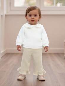 Baby Girl Corduroy Pants Fashionable Frill Hemmed Solid Color Ankle Length Trousers Daily Wear - Khaki - View 4