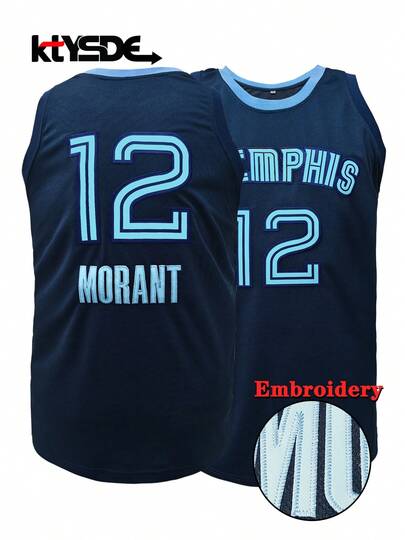 KTYSDE Camiseta de baloncesto retro azul profundo número 12 para hombres, con cuello redondo y sin mangas, con bordado de la letra Memphis, adecuada para baloncesto, deportes, correr, entrenamiento y moda callejera