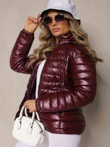 Quilted Jacket With A Detachable Hood And Elasticated Sleeves - Burgundy - View 1