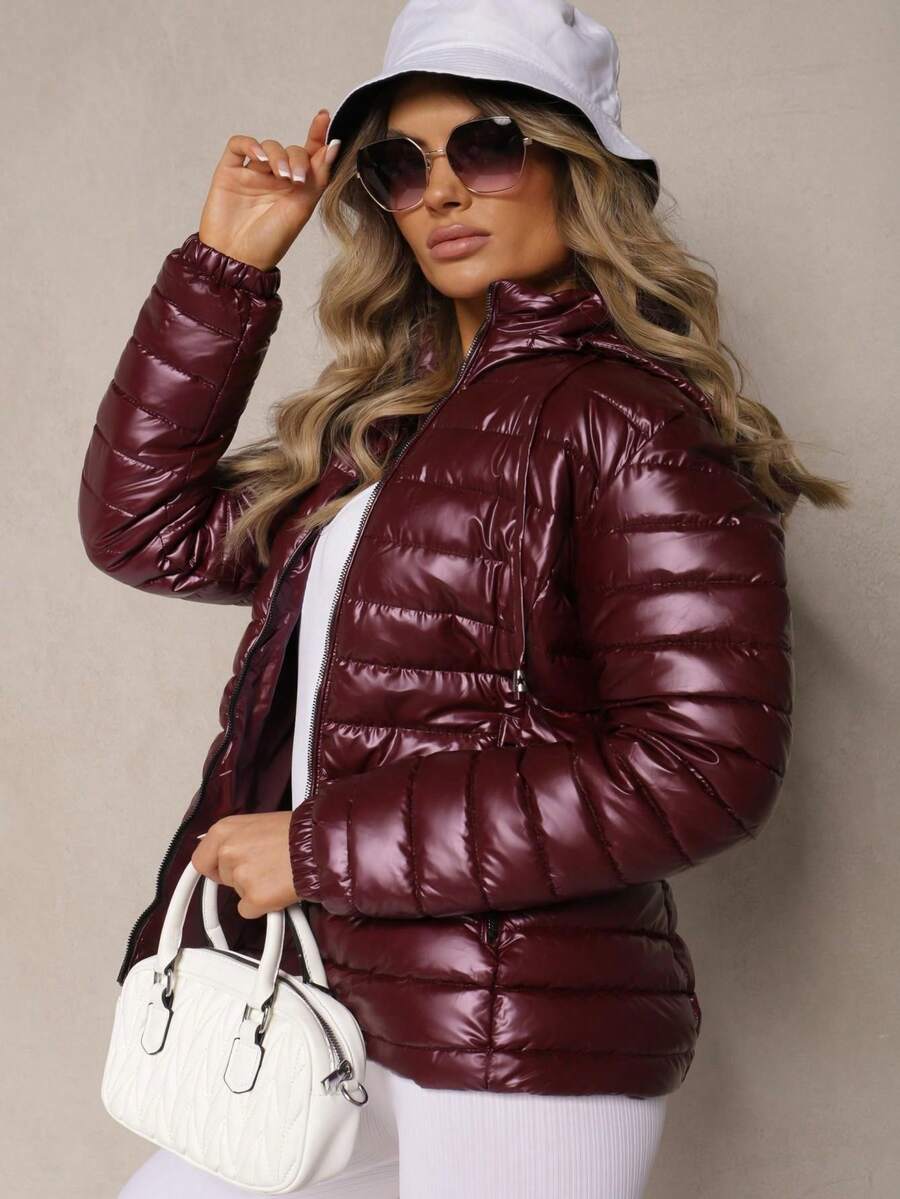 Quilted Jacket With A Detachable Hood And Elasticated Sleeves - Burgundy - View 1