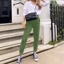 IGKEEL Elegant High-Waisted Slim Fit Women's Pants For Autumn/Winter - Solid Color With Slant Pockets And Button Details, Perfect For Work, Casual And Commuting - Green - View 4