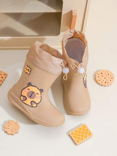 TEEOEC New Children's Mid-Calf Rain Boots, Thick Warm Rubber Rain Boots, Cute Cartoon Drawstring Design, Waterproof, High-End Rubber Shoes For Boys And Girls, Elementary School Students, Fresh Style Mid-Calf Rain Boots