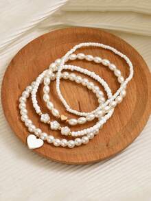 Bộ 7 vòng tay nhiều lớp đính hạt ngọc trai và sao biển, thiết kế xếp chồng theo phong cách Bohemian, phù hợp cho nữ, trang phục thường ngày khi đi biển - Sao biển vỏ sò - Xem 9