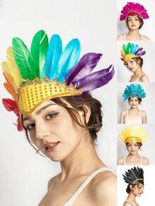 1pc Artificial Sequin & Turkey Feather Headdress, Feather Headband For Masquerade Ball, Stage Performance, Festival Party Decoration (Quantity And Placement Of Sequins And Feathers Are Random) Halloween Costume