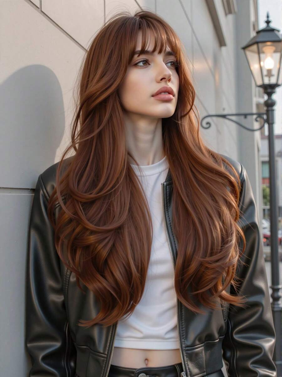 红棕色姜黄色女士假发,26 英寸长直发,女士合成假发,耐热假发,带刘海,适合日常佩戴 - 紅色 - 查看 1
