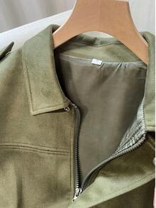 FGGG 军绿色短款麂皮夹克，女士秋冬款，缝线领口，长袖，宽松版型，百搭叠穿，适合休闲外出、聚会和通勤等场合。 - 軍綠色 - 查看 10