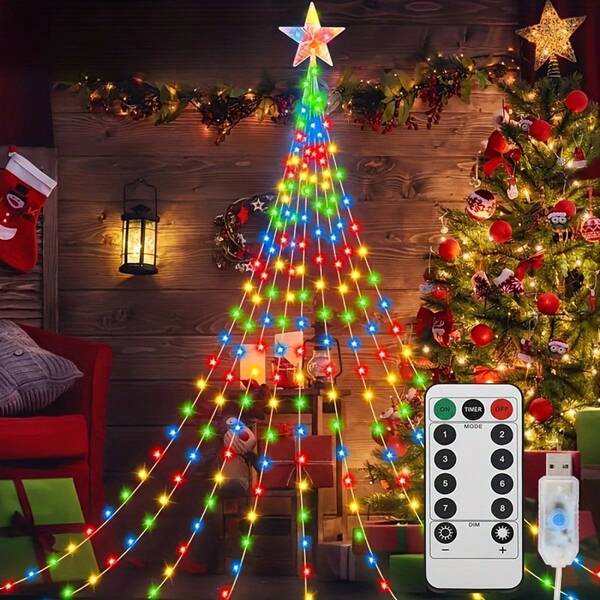1 PIEZA Tira de luces de Navidad para interiores y exteriores con control remoto - Fuente de alimentación USB, luces de alta calidad (192 LED), clasificación IP44 a prueba de agua, 8 modos de iluminación (encendido constante, parpadeo, degradado, tormenta), control remoto de infrarrojos, decoración en forma de estrella en la parte superior, adecuado para Navidad, Acción de Gracias, boda, fiesta - Decoración de árbol, hogar y jardín para interiores/exteriores