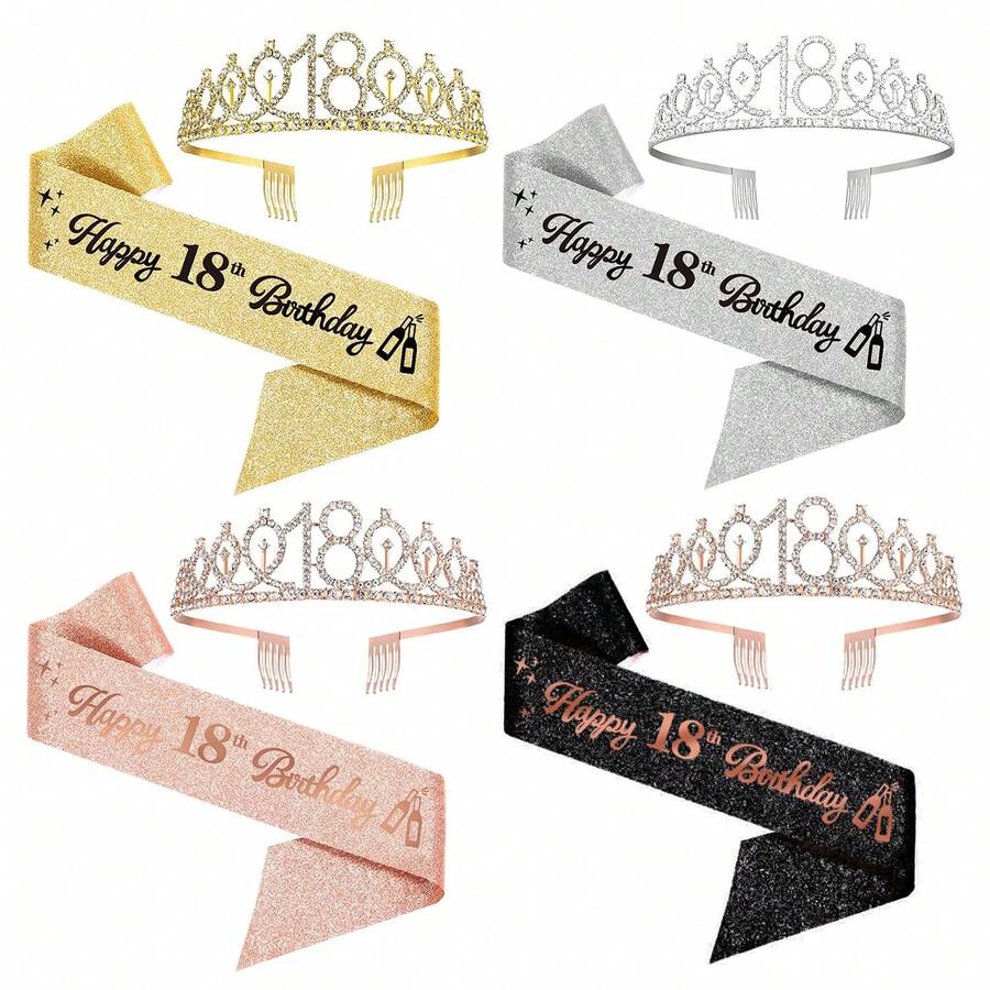 2pcs/Set 18th Birthday Sash And Tiara, Happy 18th Birthday Crown And Sash For Girls Gift, 18th Birthday Crown For Party Supplies (Rose Gold) - Rose Gold - View 1