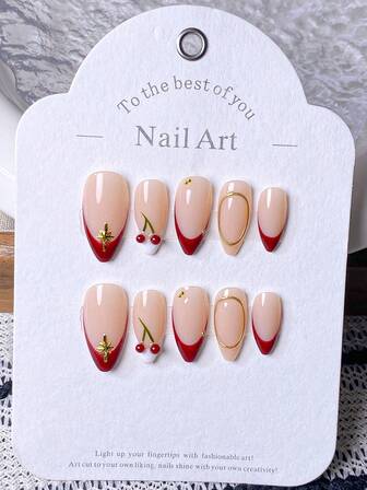 10 件手工制作的按压式短指甲、红色指甲、白色指甲、法式指甲片、可爱指甲、手工制作的樱桃和金色线圈、指甲表面的金色星星和小钢球装饰，适合女士和女孩的短指甲。
