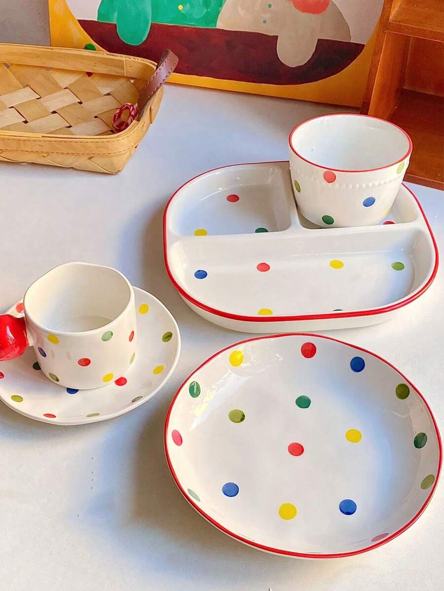 1 Set Dopamine Polka Dot Dinnerware Set, Colorful Glazed Ceramic Mugs, Household Plates And Coffee Cups, Creative Christmas/Birthday Gift