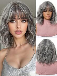 Tóc giả ngắn xoăn màu xám 14 inch có mái, kiểu dáng thanh lịch và thời trang dành cho nữ, phù hợp cho các dịp lễ, du lịch, tiệc tùng, cosplay, mặc hàng ngày, Halloween, là món quà hoàn hảo. - Xám - Xem 3