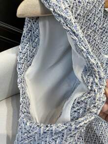 GMFP 女士优雅无袖亮片装饰背心外套，单排扣，串珠腰带，柔软斜纹软呢面料，天蓝色，适合新年/情人节穿着 - 淺藍色 - 查看 9