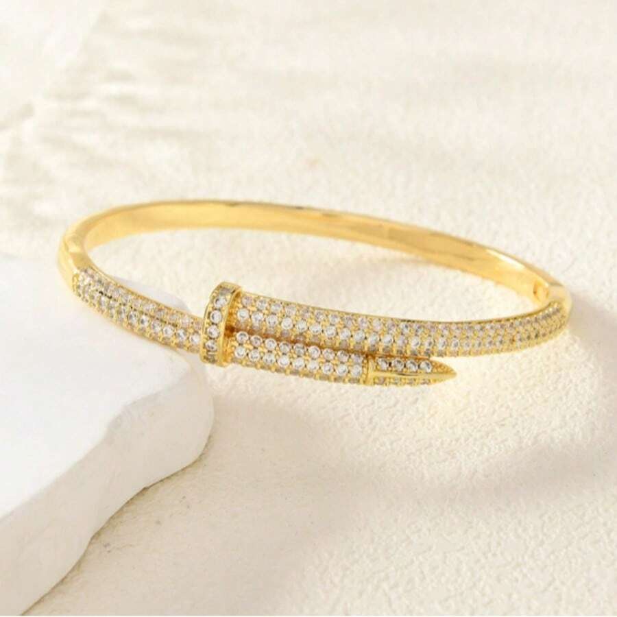 1pc Elegant Rivet Bangle, Copper Micro-Inlaid Zirconia Bracelet, High-End Design Openable Bracelet, Suitable For Holiday Gifts - Gold 1 - View 1