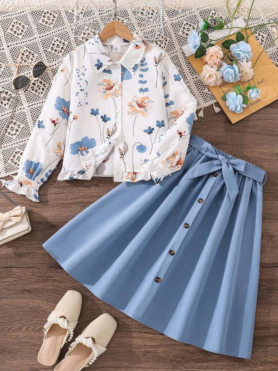 女童优雅印花长袖衬衫上衣和裙子套装，春秋 - 藍色 - 查看 1