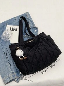 New Stylish Large-Capacity Quilted Diamond-Encrusted Design With Double Handles And One Shoulder Tote Bag, Stylish, Lightweight And Portable, Suitable For Outdoor Travel In Summer, Decorated With Animal Pendants, Is A Must-Have Backpack For Travel. - 黑色 - 查看 7