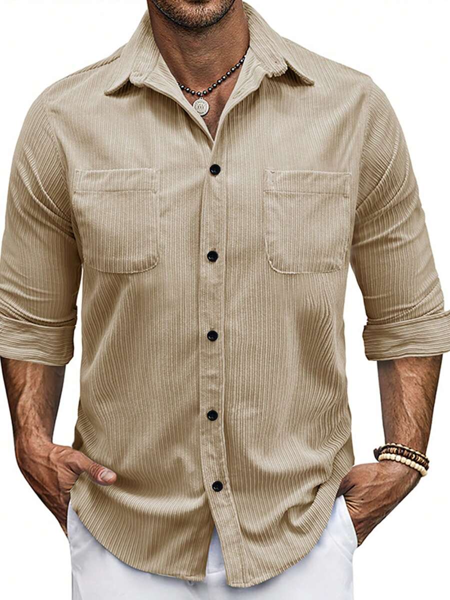 Men's Apricot Casual Long Sleeve Shirt, Outdoor Leisure Minimalist Fashion Shirt, Casual Jacket - Apricot - View 1