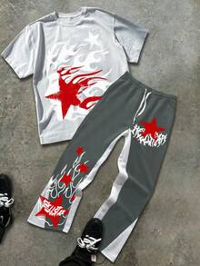 Men's Abstract Star Print Round Neck Short Sleeved Casual T-Shirt And Flame Print Pants 2-Piece Set, Men's Clothing, Versatile For Both Men And Women, T-Shirt And Sweatpants 2-Piece Set - White+slate blue(白色+灰藍色) - 查看 1