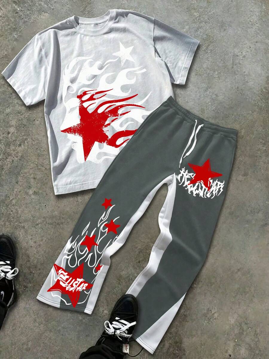 Men's Abstract Star Print Round Neck Short Sleeved Casual T-Shirt And Flame Print Pants 2-Piece Set, Men's Clothing, Versatile For Both Men And Women, T-Shirt And Sweatpants 2-Piece Set - White+slate blue(白色+灰藍色) - 查看 1